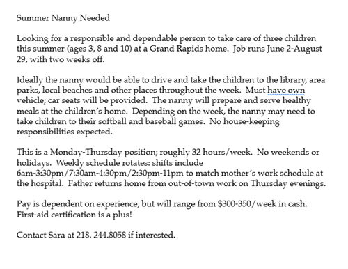 Job posting nanny